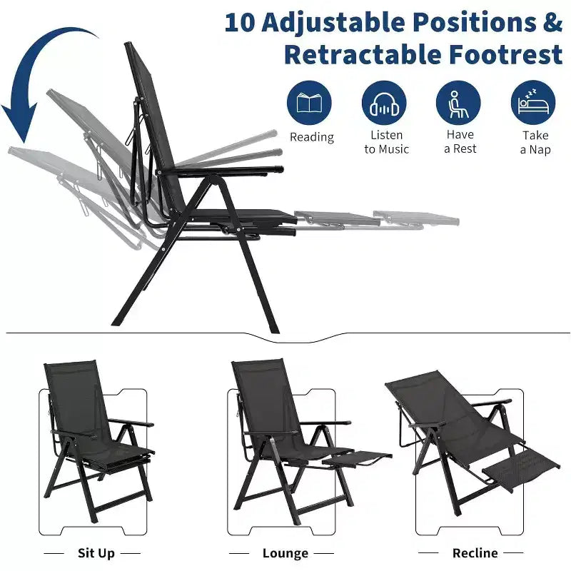 Chaise longue de jardin pliante avec accoudoirs et repose-pieds, inclinable 10 positions, portable pour jardin et camping