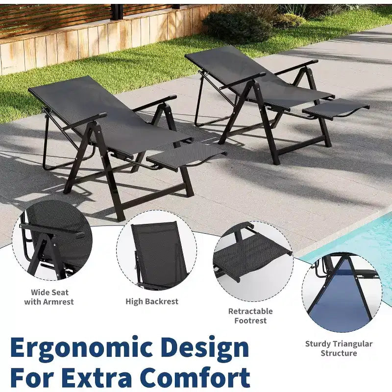 Chaise longue de jardin pliante avec accoudoirs et repose-pieds, inclinable 10 positions, portable pour jardin et camping
