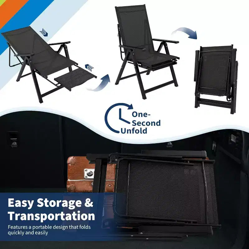 Chaise longue de jardin pliante avec accoudoirs et repose-pieds, inclinable 10 positions, portable pour jardin et camping