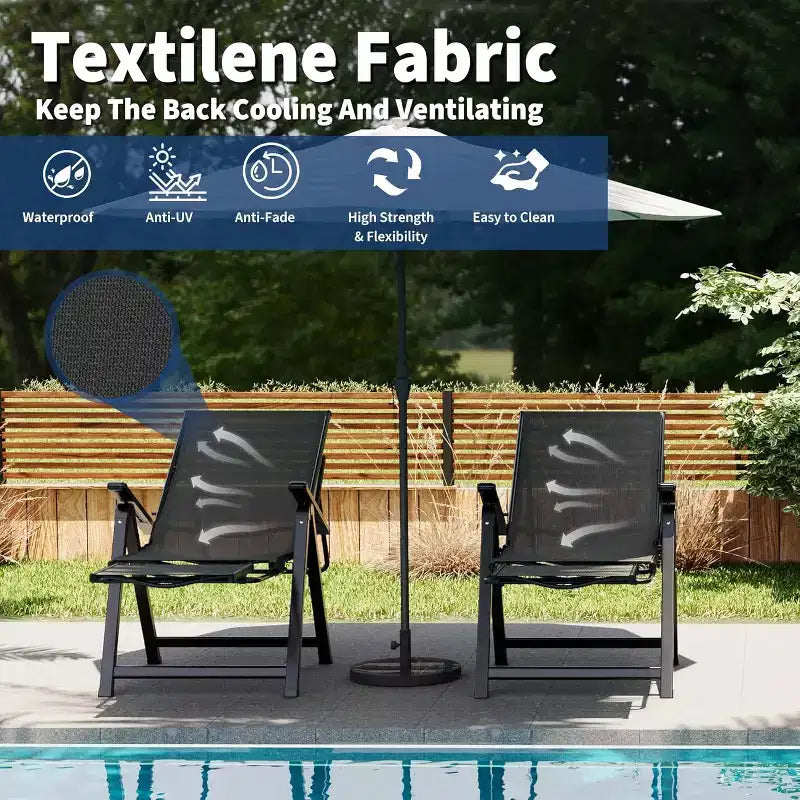 Chaise longue de jardin pliante avec accoudoirs et repose-pieds, inclinable 10 positions, portable pour jardin et camping