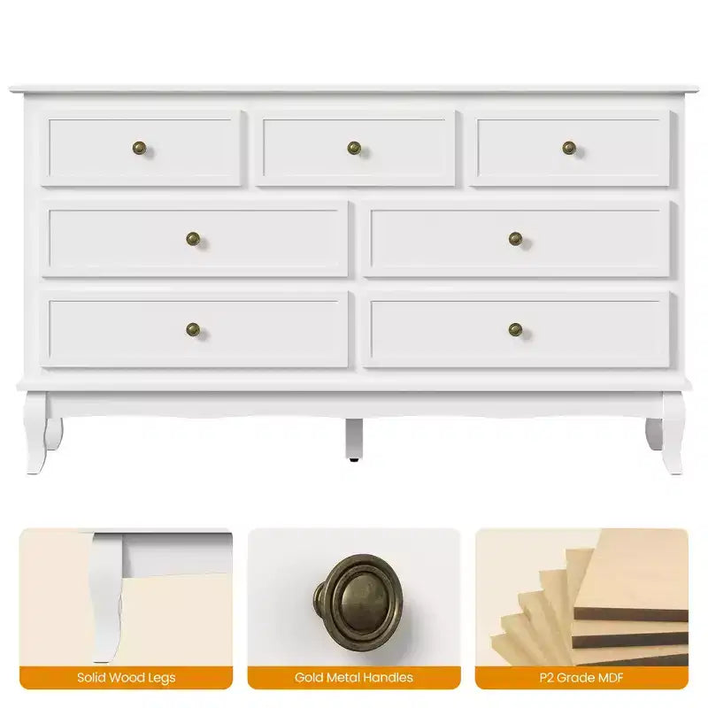 Commode moderne de 55 pouces pour chambre à coucher avec 7 tiroirs spacieux
