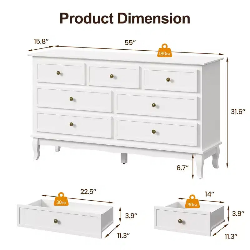 Commode moderne de 55 pouces pour chambre à coucher avec 7 tiroirs spacieux
