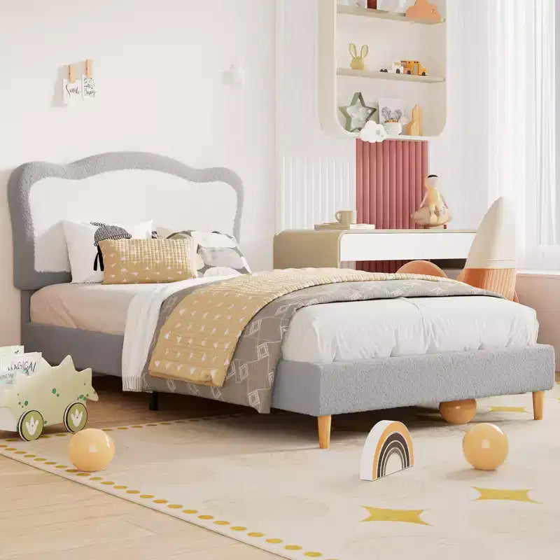 Coolmee Magic Ring Full Berber-Fleece Bed, 350 lb Solid-Wood Legs, Velcro MDF Slats, Noise-Free, Tool-Free Assembly for Kids, Gray