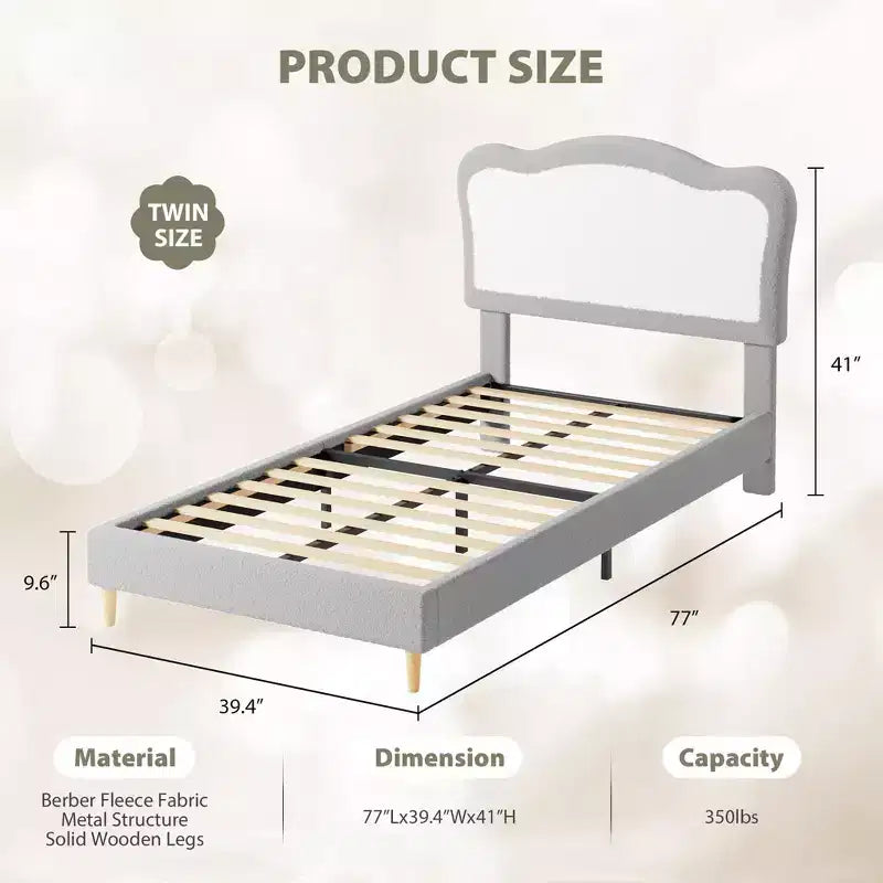 Lit en molleton, pieds en bois massif de 159 kg, lattes en MDF avec Velcro, sans bruit, assemblage sans outil pour enfants, gris