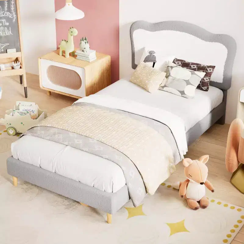 Lit en molleton, pieds en bois massif de 159 kg, lattes en MDF avec Velcro, sans bruit, assemblage sans outil pour enfants, gris