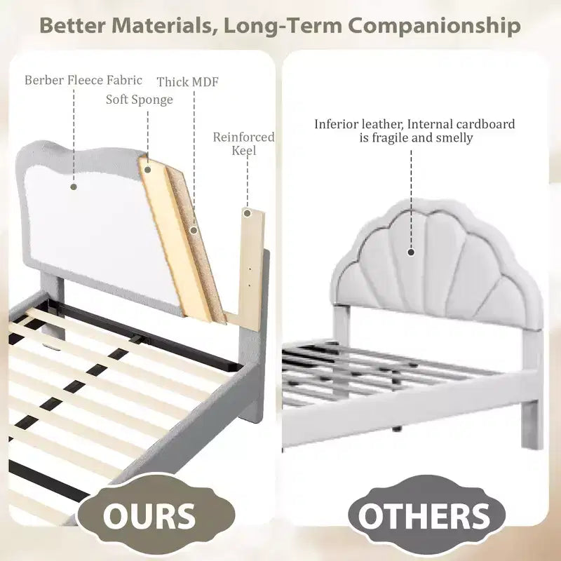 Lit en molleton, pieds en bois massif de 159 kg, lattes en MDF avec Velcro, sans bruit, assemblage sans outil pour enfants, gris