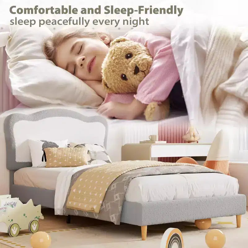 Lit en molleton, pieds en bois massif de 159 kg, lattes en MDF avec Velcro, sans bruit, assemblage sans outil pour enfants, gris