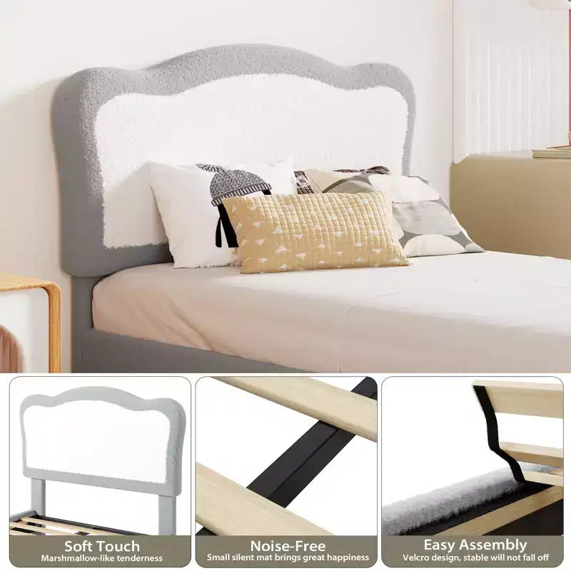 Lit en molleton, pieds en bois massif de 159 kg, lattes en MDF avec Velcro, sans bruit, assemblage sans outil pour enfants, gris