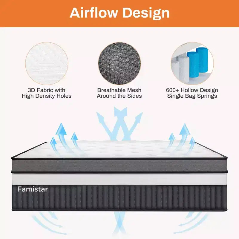 Matelas hybride en mousse à mémoire de forme gel de 35,5 cm en boîte, design rafraîchissant et respirant, soulagement de la pression zoné, sensation de fermeté moyenne