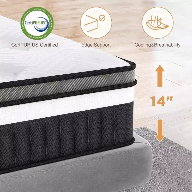 Matelas hybride en mousse à mémoire de forme gel de 35,5 cm en boîte, design rafraîchissant et respirant, soulagement de la pression zoné, sensation de fermeté moyenne