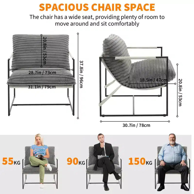 Fauteuil d'appoint suspendu avec cadre en métal, fauteuil de salon rembourré avec coussin en mousse