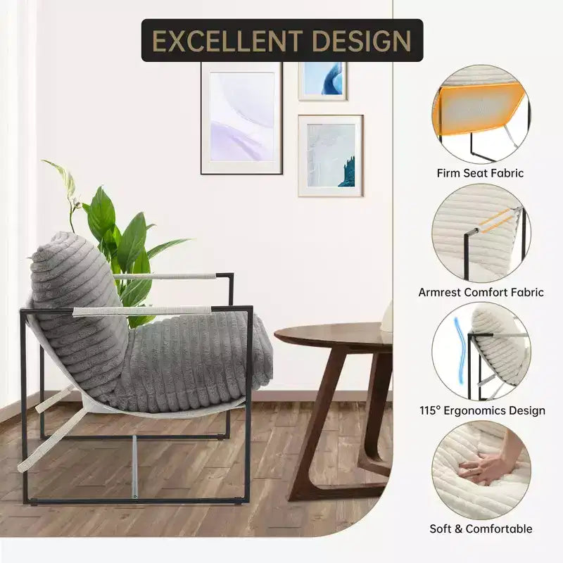 Fauteuil d'appoint suspendu avec cadre en métal, fauteuil de salon rembourré avec coussin en mousse