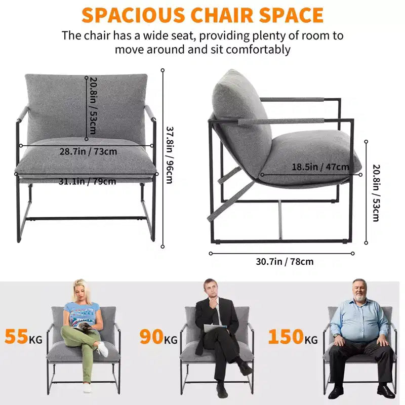 Fauteuil d'appoint suspendu avec cadre en métal, fauteuil de salon rembourré avec coussin en mousse