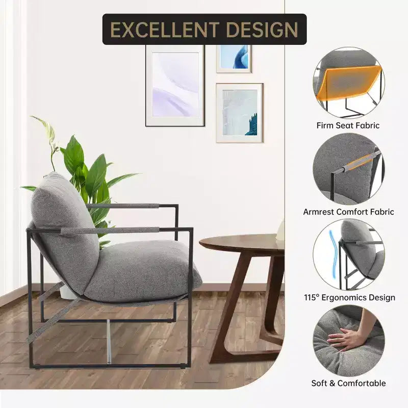 Fauteuil d'appoint suspendu avec cadre en métal, fauteuil de salon rembourré avec coussin en mousse