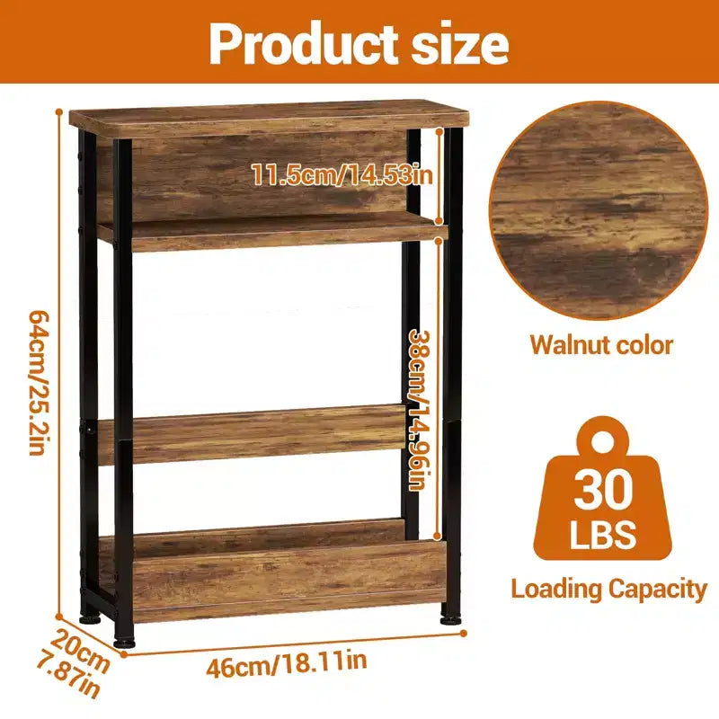 Table d'appoint industrielle étroite à 3 niveaux – Table de bout peu encombrante avec étagères de rangement et porte-revues