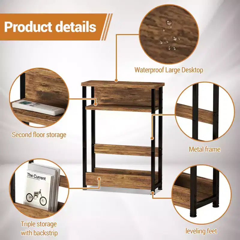 Table d'appoint industrielle étroite à 3 niveaux – Table de bout peu encombrante avec étagères de rangement et porte-revues