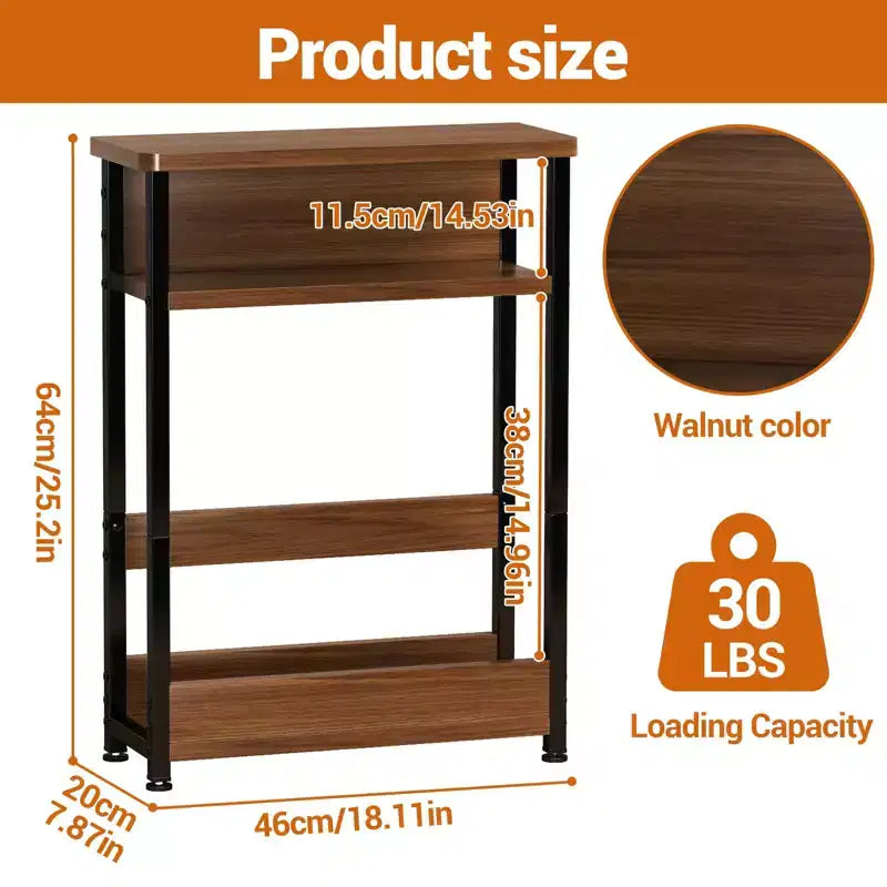 Table d'appoint industrielle étroite à 3 niveaux – Table de bout peu encombrante avec étagères de rangement et porte-revues