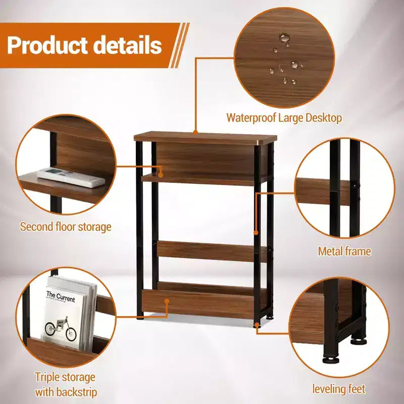 Table d'appoint industrielle étroite à 3 niveaux – Table de bout peu encombrante avec étagères de rangement et porte-revues