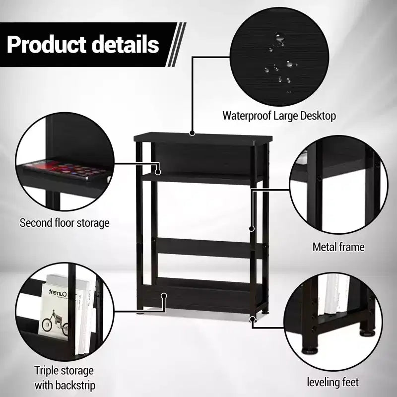 Table d'appoint industrielle étroite à 3 niveaux – Table de bout peu encombrante avec étagères de rangement et porte-revues