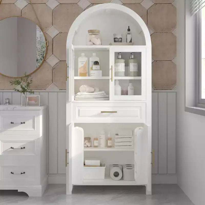 Armoire de cuisine autoportante de 71 po de hauteur avec porte en verre arqué, pour cuisine, salle à manger ou salon