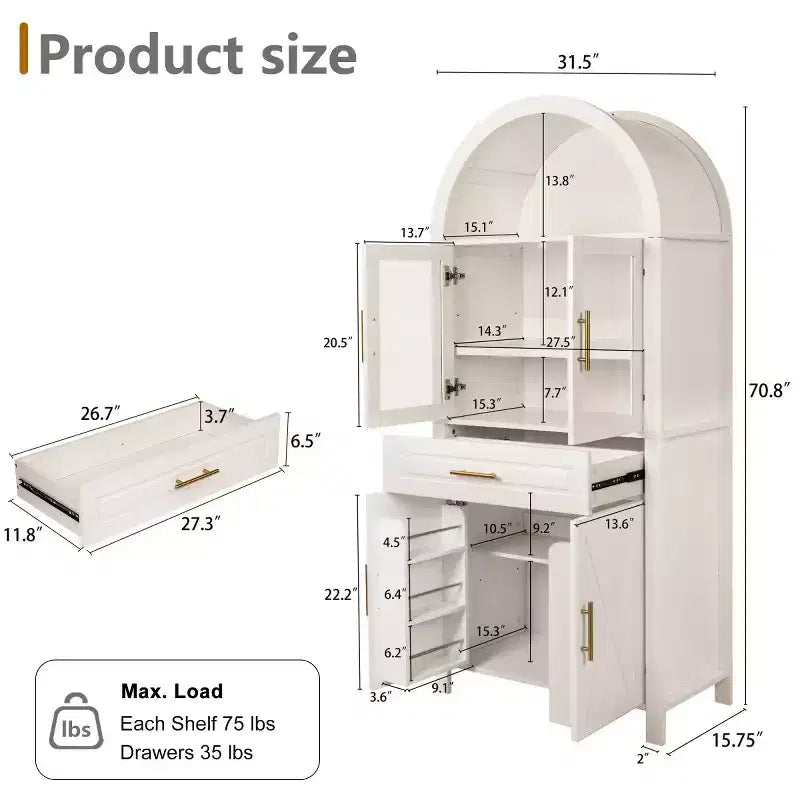 Armoire de cuisine autoportante de 71 po de hauteur avec porte en verre arqué, pour cuisine, salle à manger ou salon