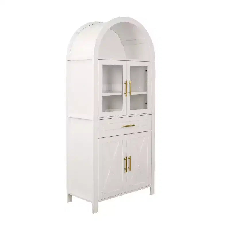 Armoire de cuisine autoportante de 71 po de hauteur avec porte en verre arqué, pour cuisine, salle à manger ou salon