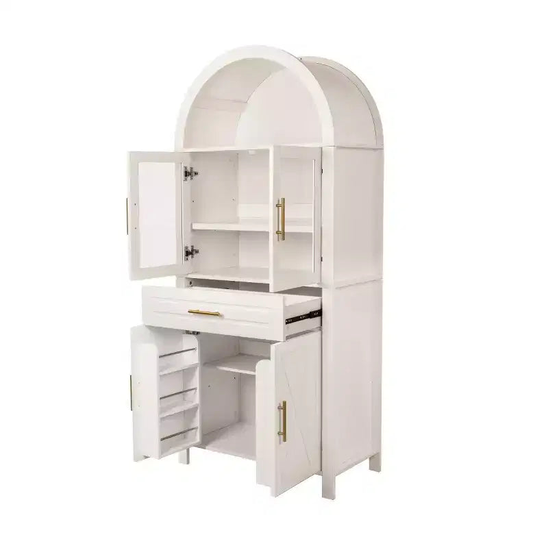 Armoire de cuisine autoportante de 71 po de hauteur avec porte en verre arqué, pour cuisine, salle à manger ou salon