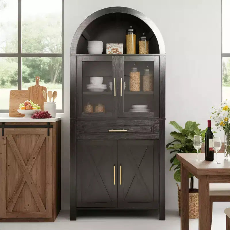 Armoire de cuisine autoportante de 71 po de hauteur avec porte en verre arqué, pour cuisine, salle à manger ou salon