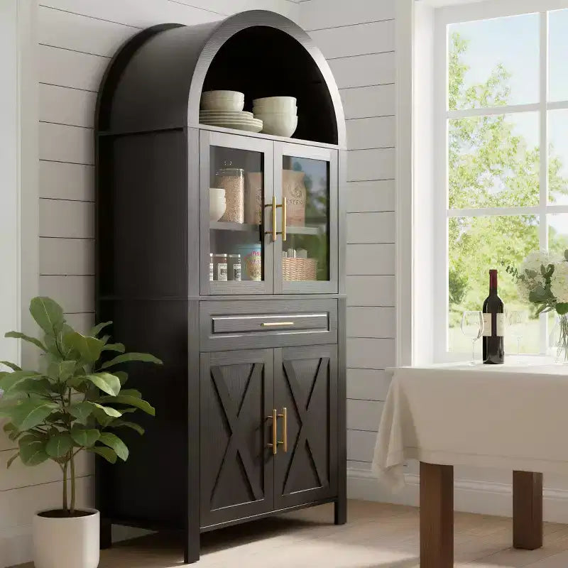 Armoire de cuisine autoportante de 71 po de hauteur avec porte en verre arqué, pour cuisine, salle à manger ou salon