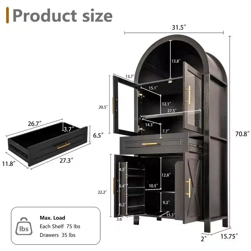 Armoire de cuisine autoportante de 71 po de hauteur avec porte en verre arqué, pour cuisine, salle à manger ou salon