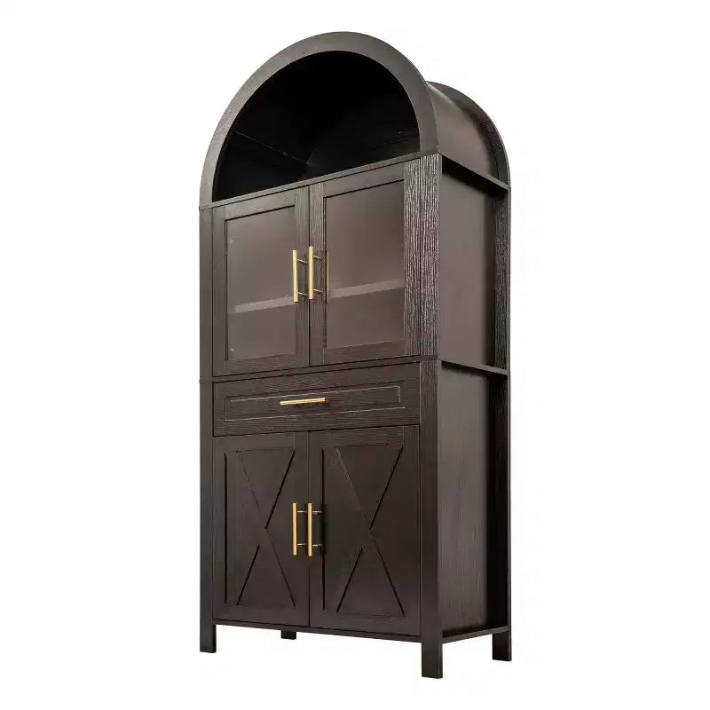 Armoire de cuisine autoportante de 71 po de hauteur avec porte en verre arqué, pour cuisine, salle à manger ou salon
