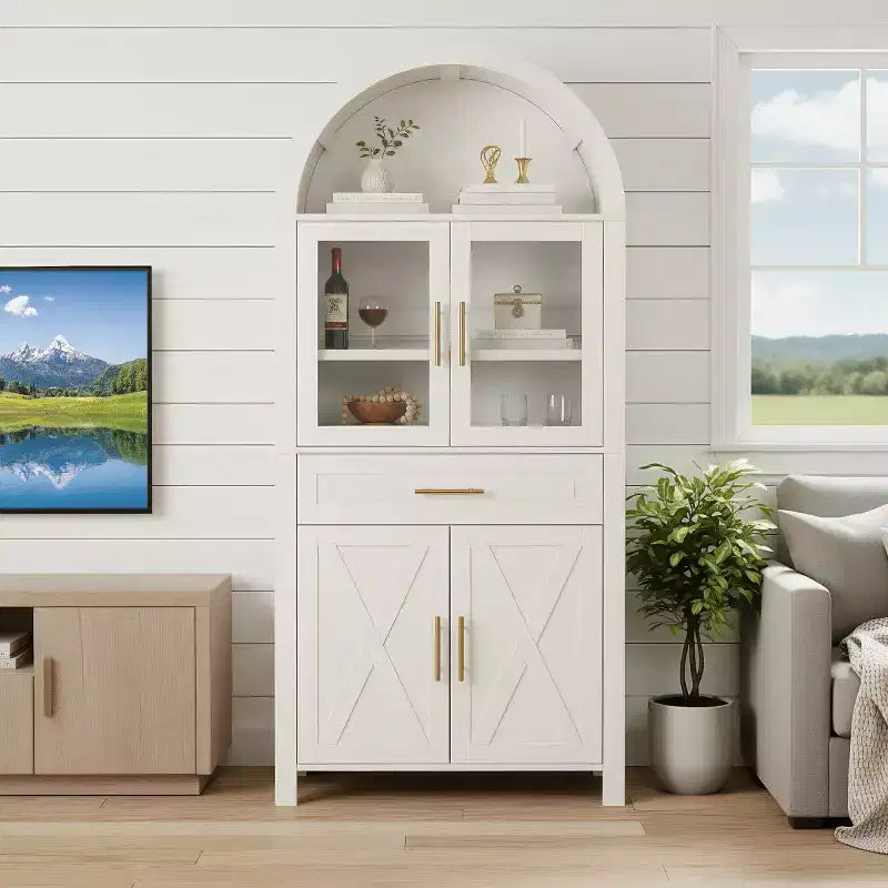 Armoire de cuisine autoportante de 71 po de hauteur avec porte en verre arqué, pour cuisine, salle à manger ou salon