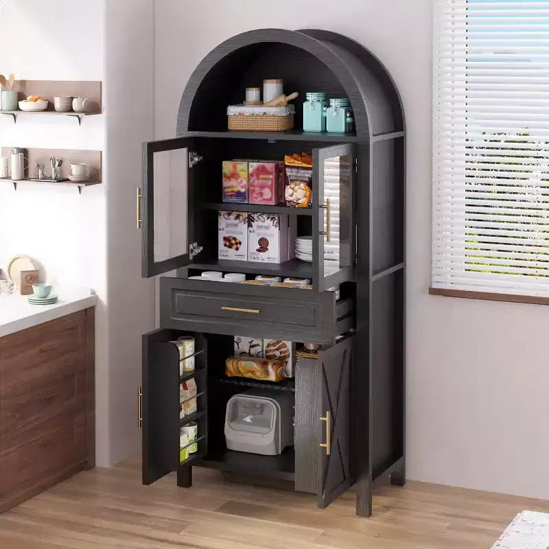 71 Tall Arched Glass Door Kitchen Pantry Cabinet, Freestanding Display Storage Cabinet for Kitchen, Dining Room, or Living Room-Panipeachy