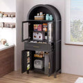 71 Tall Arched Glass Door Kitchen Pantry Cabinet, Freestanding Display Storage Cabinet for Kitchen, Dining Room, or Living Room-Panipeachy