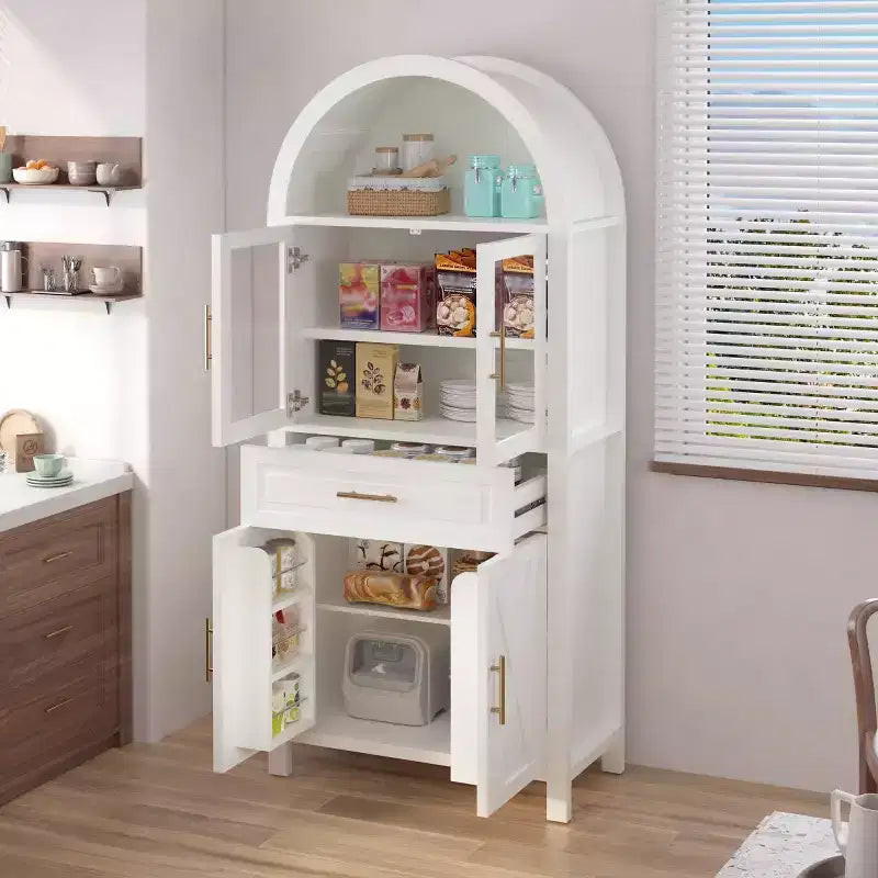 Armoire de cuisine autoportante de 71 po de hauteur avec porte en verre arqué, pour cuisine, salle à manger ou salon