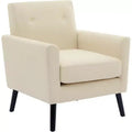 Modern Accent Chair with Linen Fabric, Upholstered Single Sofa Chair with Wood Legs & Thick Cushion, White Comfy Reading Armchair