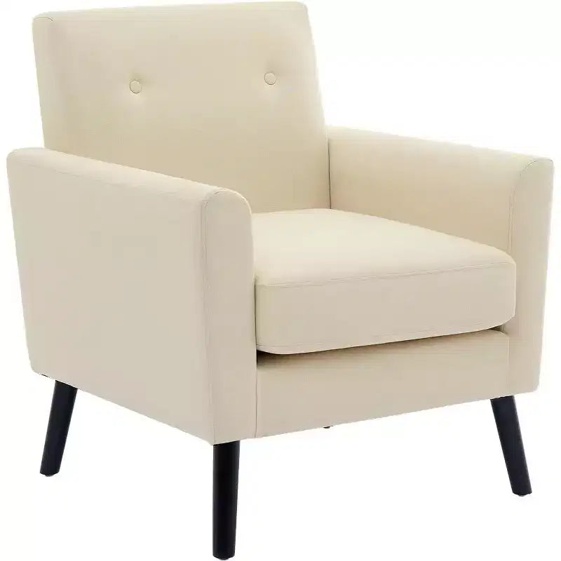 Modern Accent Chair with Linen Fabric, Upholstered Single Sofa Chair with Wood Legs & Thick Cushion, White Comfy Reading Armchair
