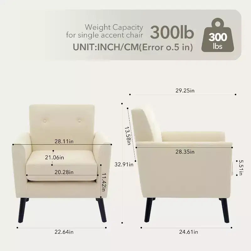 Fauteuil d'appoint en tissu lin, fauteuil rembourré avec pieds en bois et coussin épais