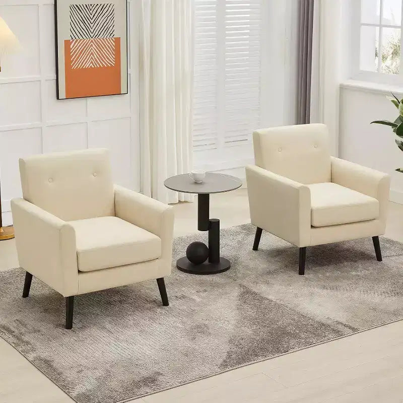 Fauteuil d'appoint en tissu lin, fauteuil rembourré avec pieds en bois et coussin épais