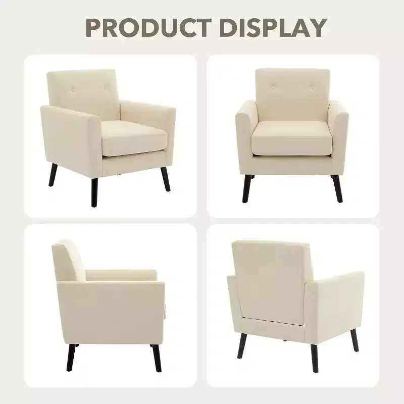 Fauteuil d'appoint en tissu lin, fauteuil rembourré avec pieds en bois et coussin épais