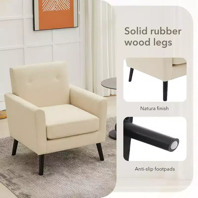 Fauteuil d'appoint en tissu lin, fauteuil rembourré avec pieds en bois et coussin épais