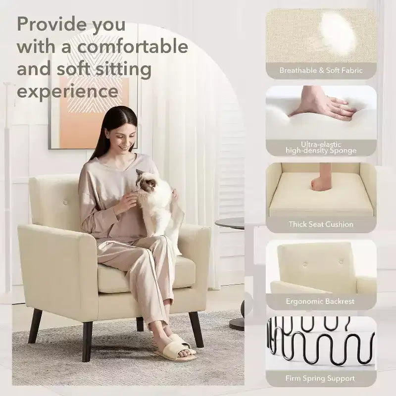 Fauteuil d'appoint en tissu lin, fauteuil rembourré avec pieds en bois et coussin épais