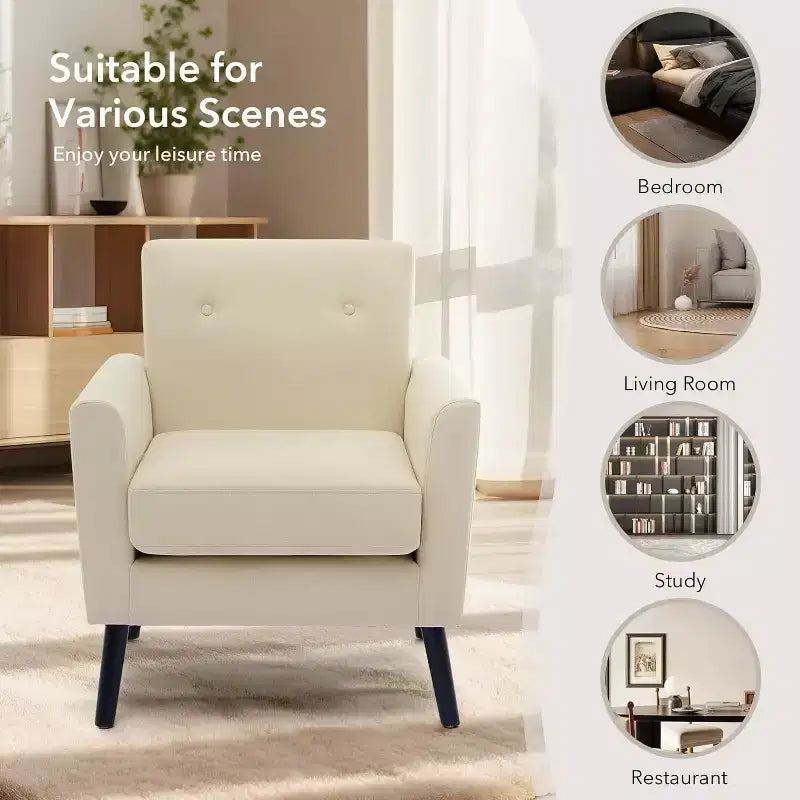 Fauteuil d'appoint en tissu lin, fauteuil rembourré avec pieds en bois et coussin épais