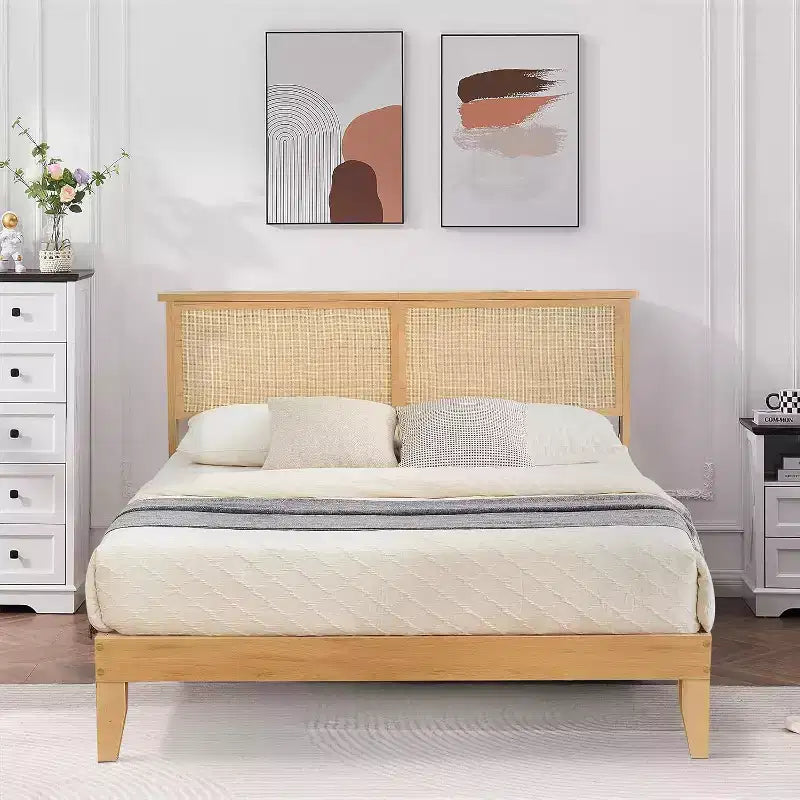 Acekool Twin Rattan Bed Frame, Boho Platform Bed with Natural Rattan Headboard & Underbed Storage, No Box Spring Needed