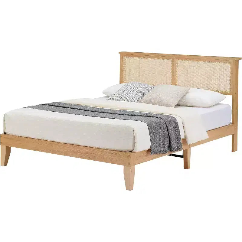 Cadre de lit double en rotin, lit plateforme bohème avec tête de lit en rotin naturel et rangement sous le lit, sommier tapissier non requis