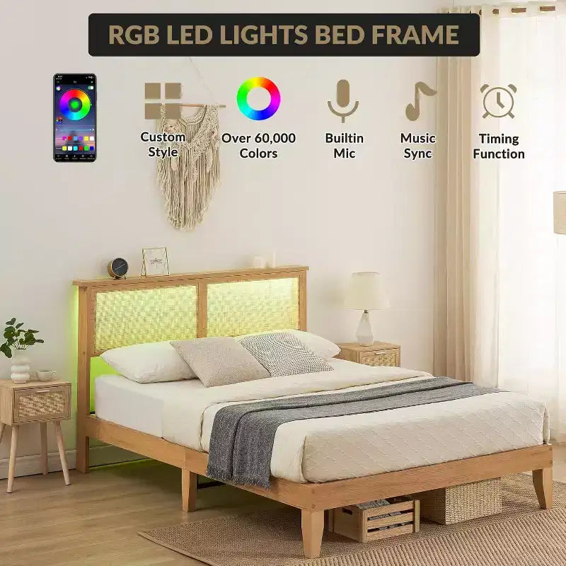 Cadre de lit double en rotin, lit plateforme bohème avec tête de lit en rotin naturel et rangement sous le lit, sommier tapissier non requis