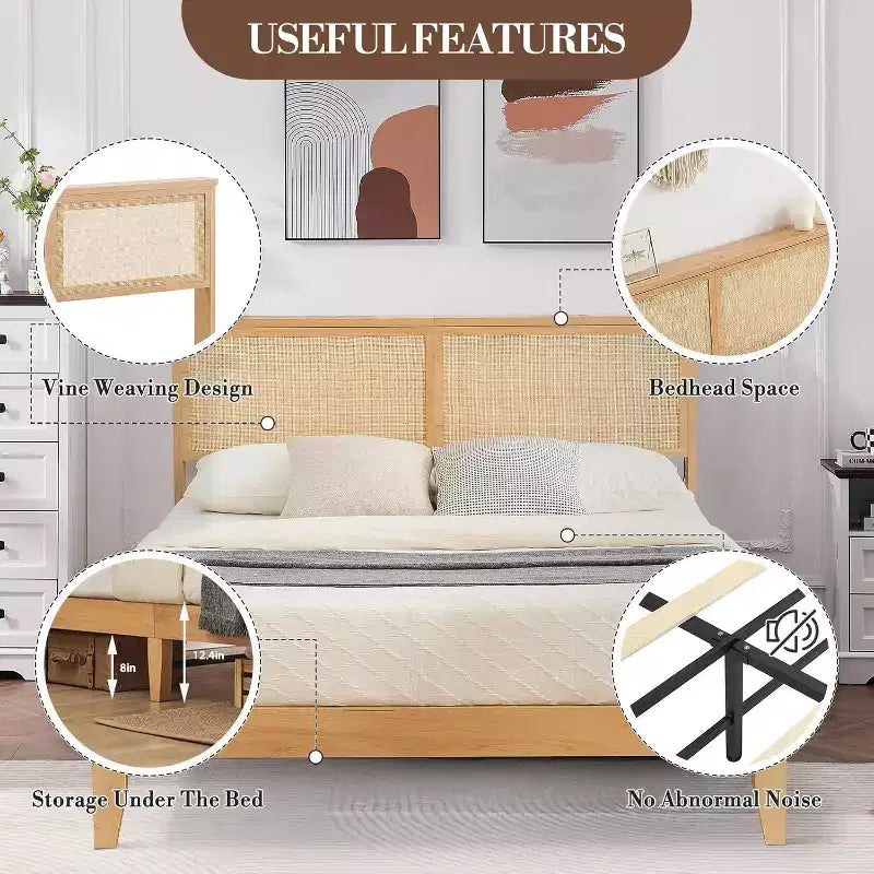 Cadre de lit double en rotin, lit plateforme bohème avec tête de lit en rotin naturel et rangement sous le lit, sommier tapissier non requis