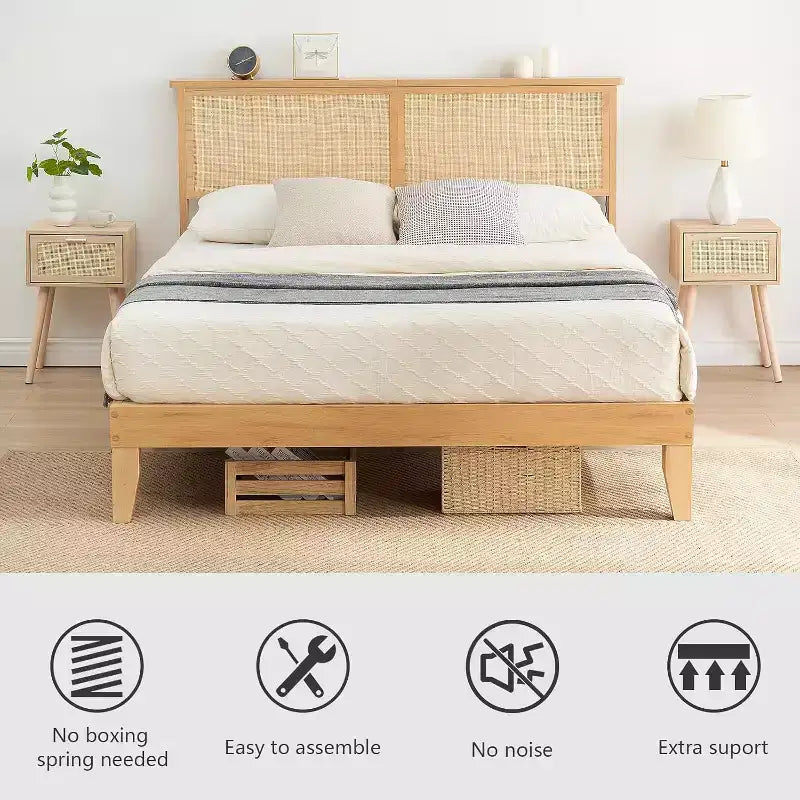 Cadre de lit double en rotin, lit plateforme bohème avec tête de lit en rotin naturel et rangement sous le lit, sommier tapissier non requis