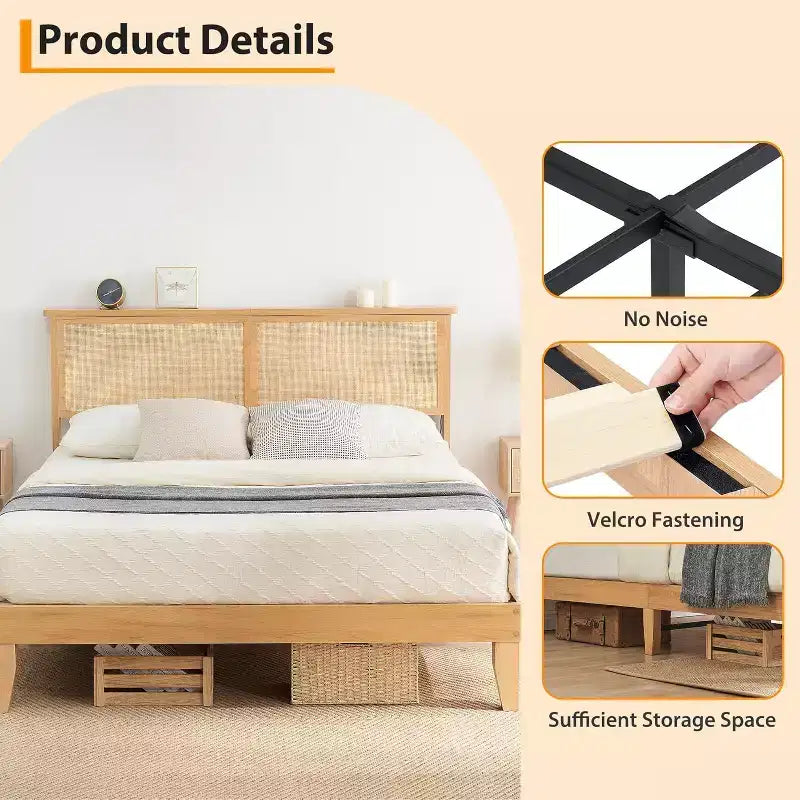 Cadre de lit double en rotin, lit plateforme bohème avec tête de lit en rotin naturel et rangement sous le lit, sommier tapissier non requis