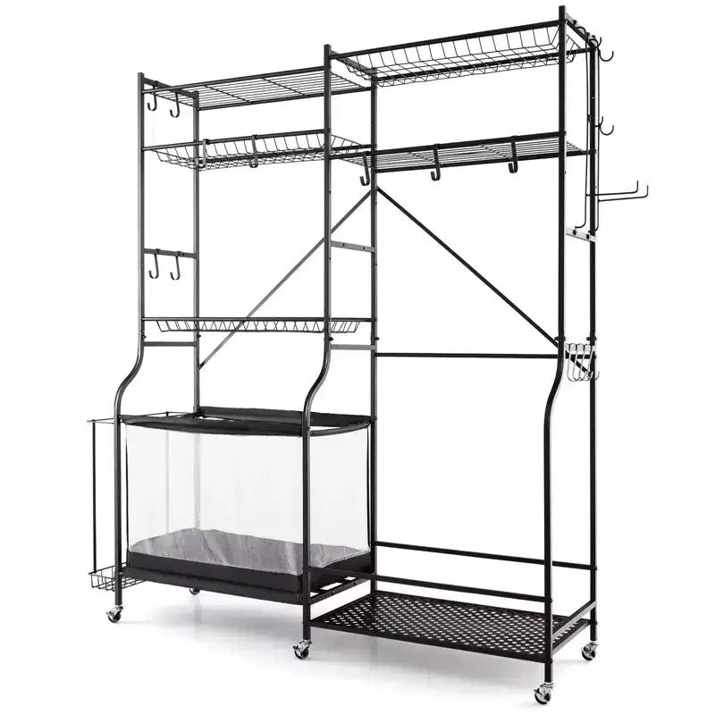Gymax Sports Gear Organizer w/ Yoga Mat Holder Ball Basket & Adjustable Shelves & Lockable Swivel Wheels for Garage Gym Basement